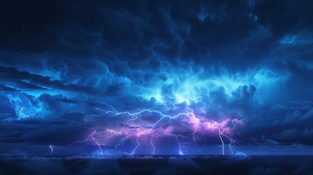 Panor&aacute;mica dram&aacute;tica de una tormenta el&eacute;ctrica con rayos azules y morados iluminando nubes tumultuosas