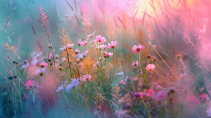 Fototapeta na wymiar Tender and bright colorful field flowers background. Morning light, mist and soft bokeh effect wallpaper. Artistic summer spring floral botanical photography concept.