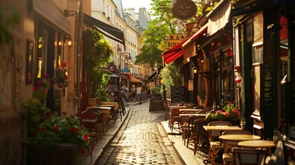 Fototapeta premium Typical Paris street with small cute cafes outdoor. Europe touristic places