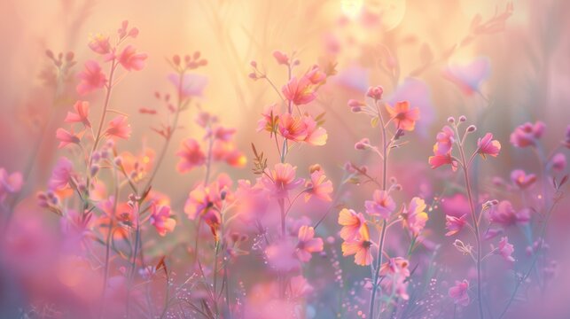 Tender and bright colorful field flowers background. Morning light, mist and soft bokeh effect wallpaper. Artistic summer spring floral botanical photography concept.