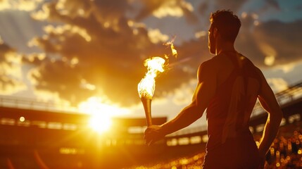 Flame burns in Olympic torch against stadium - obrazy, fototapety, plakaty