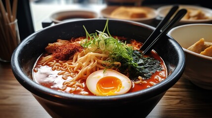Warm and fresh Ramen noodles from Japan with half-boiled egg, pork and fried onion topping.