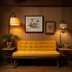 Wooden bench in yellow interior.