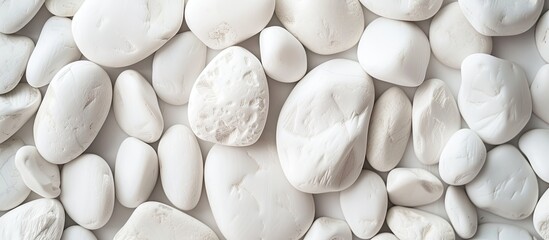 A detailed view of a cluster of white rocks, showcasing their smooth surfaces and varied shapes. The rocks are tightly packed together, creating an interesting texture in the frame.