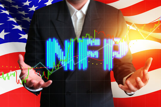 Text "NFP" that design from blue candlestick on chart and indicator line on businessmand that raise two hands to hold up and background USA flag, for economic data concept.  
