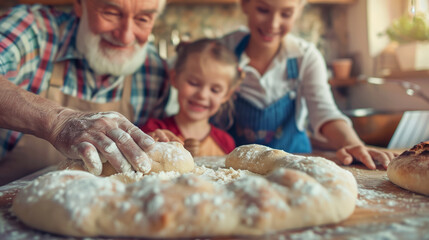 Grandparents, parents, and children gather around food table. The grandmother teaches her granddaughter how to knead dough for homemade bread. A dining table is set for a family meal