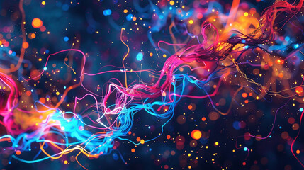 Neon tendrils of light dancing across an infinite canvas, weaving together to form an otherworldly tapestry of color and motion. - obrazy, fototapety, plakaty