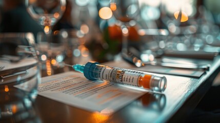A close-up shot of an epinephrine auto-injector on a table, with a blurred background of a dining setting. This image illustrates the critical aspect of being prepared for an allergic reaction.