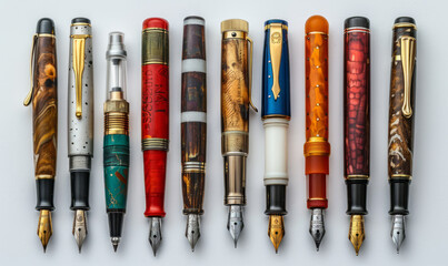 Different beautiful fountain pens lined up in professional studio lighting - obrazy, fototapety, plakaty