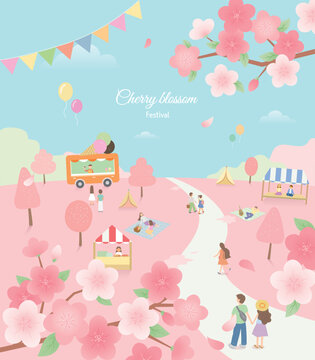 Cherry blossom festival illustration with people and a park with cherry blossoms