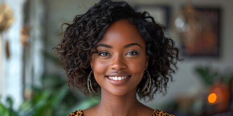 A happy and confident young African American woman stands outdoors, exuding beauty and professionalism.