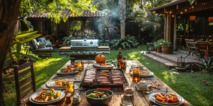 Friends gather in the backyard for a summer barbecue, enjoying grilled meats and vegetables in nature's embrace.