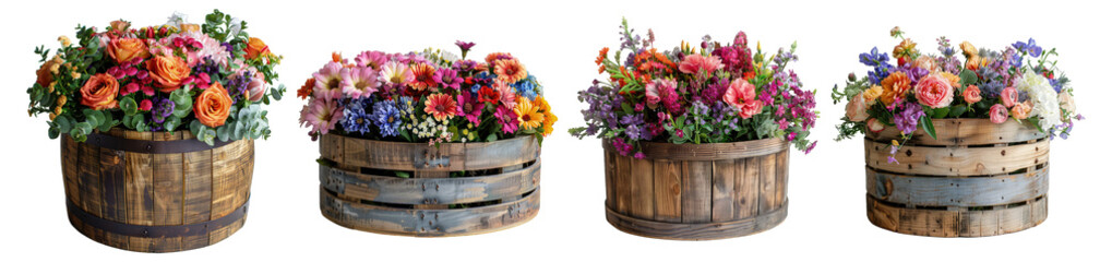 Round wooden flower boxes isolated on white or transparent background generative 