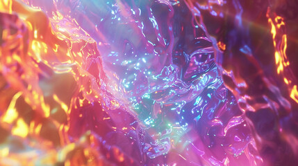 Swirling patterns of iridescent waves crashing against crystalline structures, creating an explosion of color and light.
