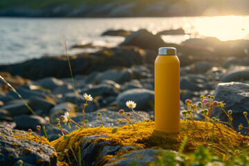mockup yellow matte thermos bottle stand in a mossy stones, sea, flowers, sun ray. Copy space. Template for your design, space for packaging. Concept traveling and hiking.