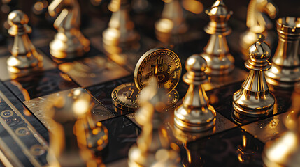 Golden chess pieces on a chessboard. Close-up - obrazy, fototapety, plakaty
