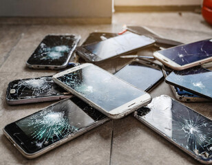 Mehrere Smartphones mit zersplitterten Bildschirmen liegen auf einem harten Stein Boden, KI generiert, AI generated - obrazy, fototapety, plakaty