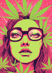  Illustration of a Girl with Marijuana Leaves
