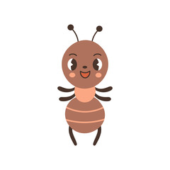 Ant happy cartoon character vector illustration . Cheerful insect mascot in flat style. Isolated on white background for baby kids summer design