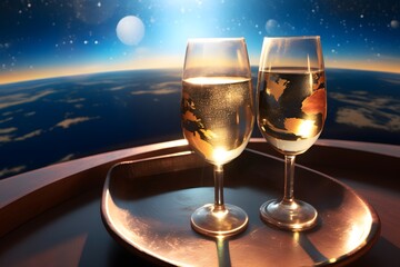 Glasses of champagne against the backdrop of a planets.