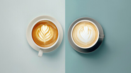 Closeup of coffee latte and cappuccino as flat lay - obrazy, fototapety, plakaty