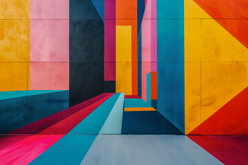 Street art. Painted street wall in colourful rectangle shapes. 
