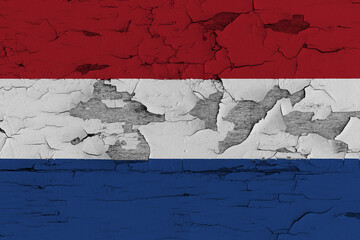 Netherlands Flag Painted on Old Wood Plank Background