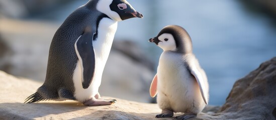 Two penguins are standing on a large rock, with one looking outwards while the other appears to be...
