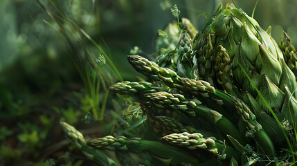 Close up in the shade of a bunch of wild asparagus.