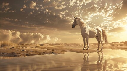 A mystical unicorn at an oasis in the desert blending the themes of survival magic and the mirage of life in arid lands in magazine photography style