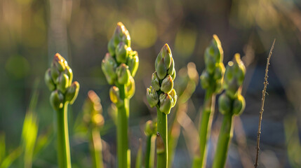 Close up in the shade of a bunch of wild asparagus. - Powered by Adobe