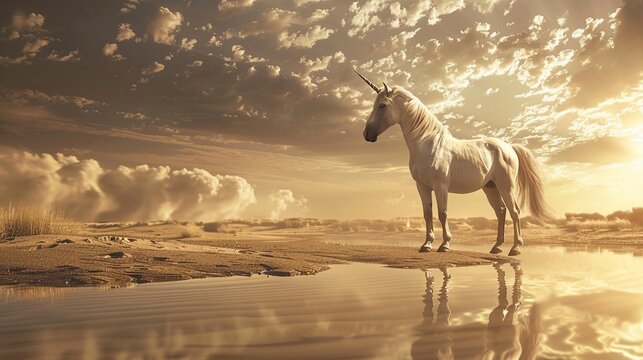 A mystical unicorn at an oasis in the desert blending the themes of survival magic and the mirage of life in arid lands in magazine photography style