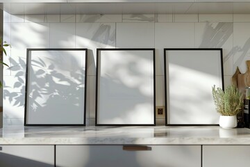 Fototapeta premium Three empty picture frames placed on a sunlit counter, symbolizing potential, creativity, and personalization. Ideal for mockups, interior design, or customizable artwork displays.