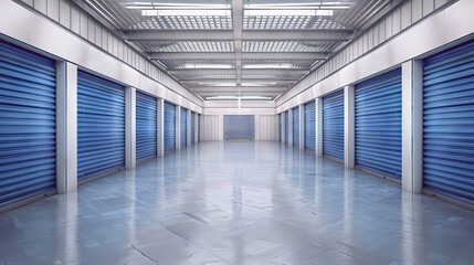 corridor  in a supermarket building, blue a storage space store doors, 