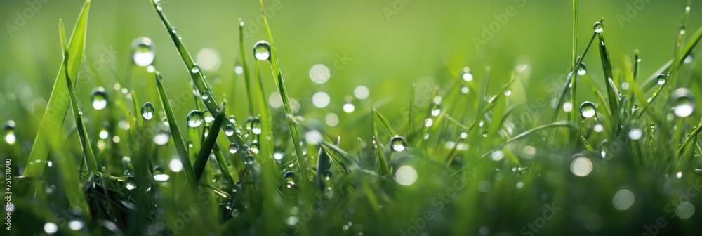 Wall mural Juicy lush green grass on meadow with drops of water dew in morning light in spring summer outdoors close-up macro, panorama. Beautiful artistic image of purity and freshness of nature, copy space.