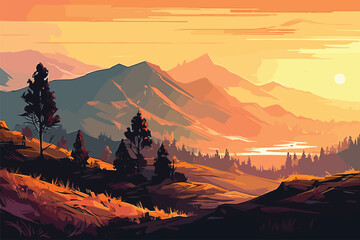 Mountains landscape at sunset vector illustration vector illustration. Generative AI - obrazy, fototapety, plakaty