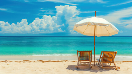 Relaxing beach scene with two chairs and a white umbrella against a turquoise sea.