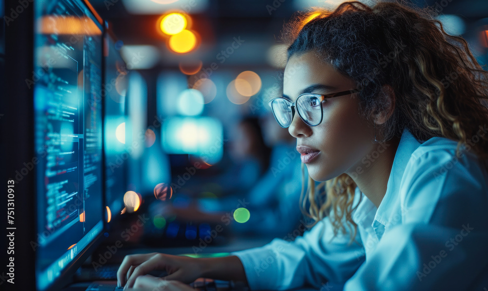 Poster focused female software developer working on computer in a busy office, writing code and solving com