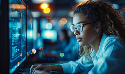 Focused Female Software Developer Working on Computer in a Busy Office, Writing Code and Solving Complex Problems in a Technological Environment