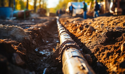 Underground water pipeline installation in trench, infrastructure development for urban water supply system, civil engineering construction - obrazy, fototapety, plakaty