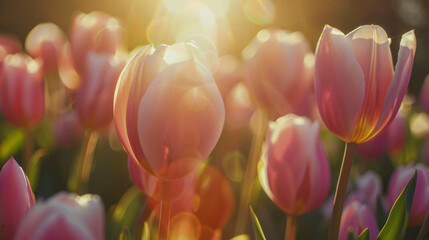 Close up of pink tulips in backlight with sun shining - obrazy, fototapety, plakaty