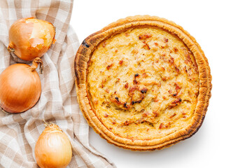 Traditional french pie. Quiche lorraine isolated on white background.