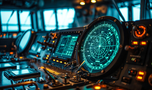 Advanced maritime navigation radar screen glowing in a dimly lit ship's bridge, highlighting the sophisticated technology used for marine travel