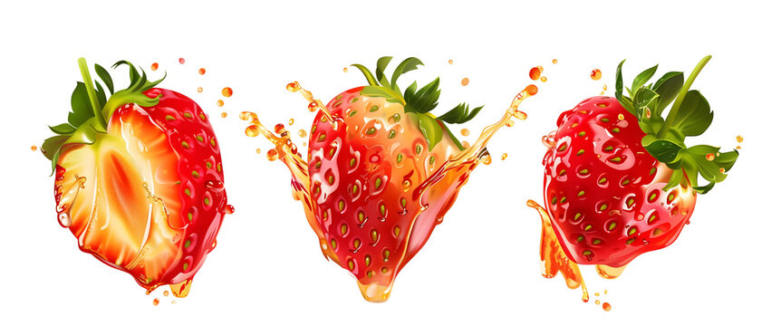 Set of strawberries isolated on white or transparent background.