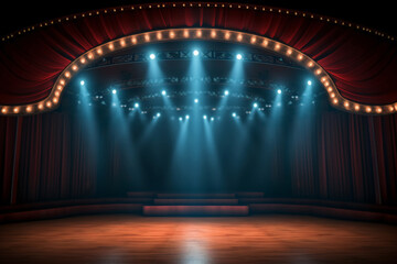 Theater stage light background with spotlight illuminated the stage for opera performance. Empty stage with classic and timeless backdrop decoration. Stage curtain. Entertainment show. Generative AI.