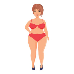 Big body positive woman with short hair and red swimsuit standing vector illustration