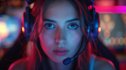 Young Streamer Woman In Gaming Room Studio. Pro gamer playing online video games and streaming during tournament.