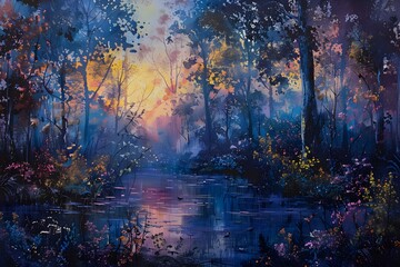 Obraz na płótnie Canvas Twilight Timberland Enchanted Forest Awash in Evening