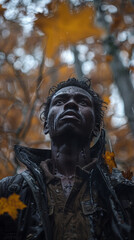 Obraz premium Portrait of an african american man in autumn forest.