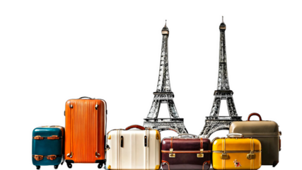 Vintage suitcases and the Eiffel Tower on a white background evoke a travel concept, urging a journey to Paris, France. With generous copy space, it's a premium PNG ideal for mockups and layouts.

